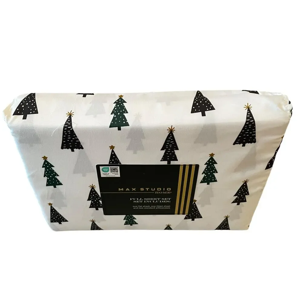 4pc Max Studio Block Christmas Tree Printed Sheet Set FULL Chic Holiday Bedding